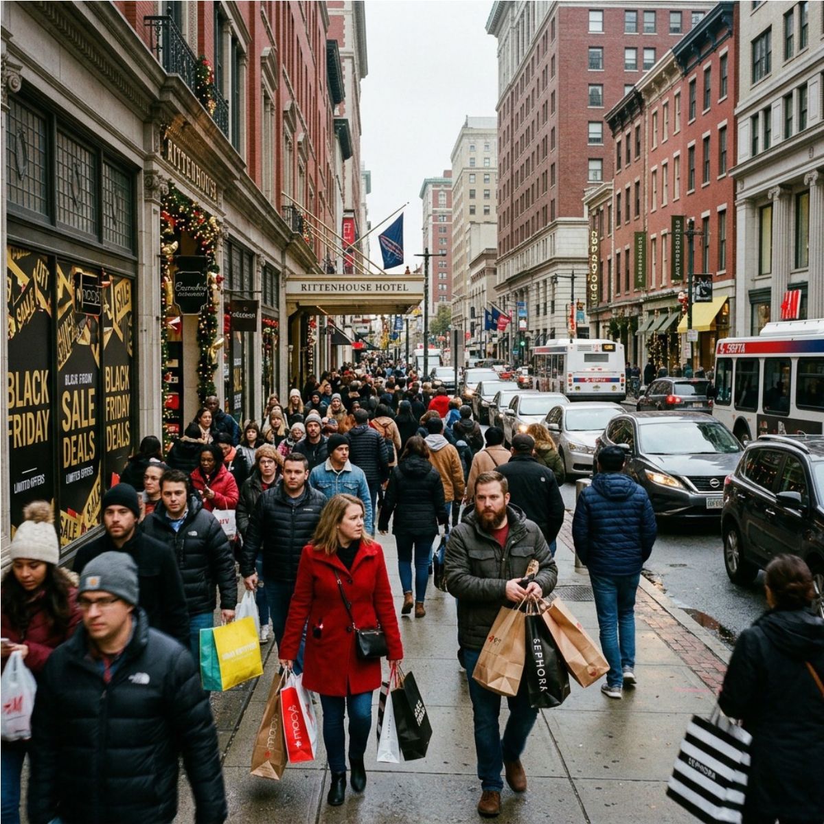 Origen del Black Friday en Estados Unidos con calles comerciales llenas de compradores